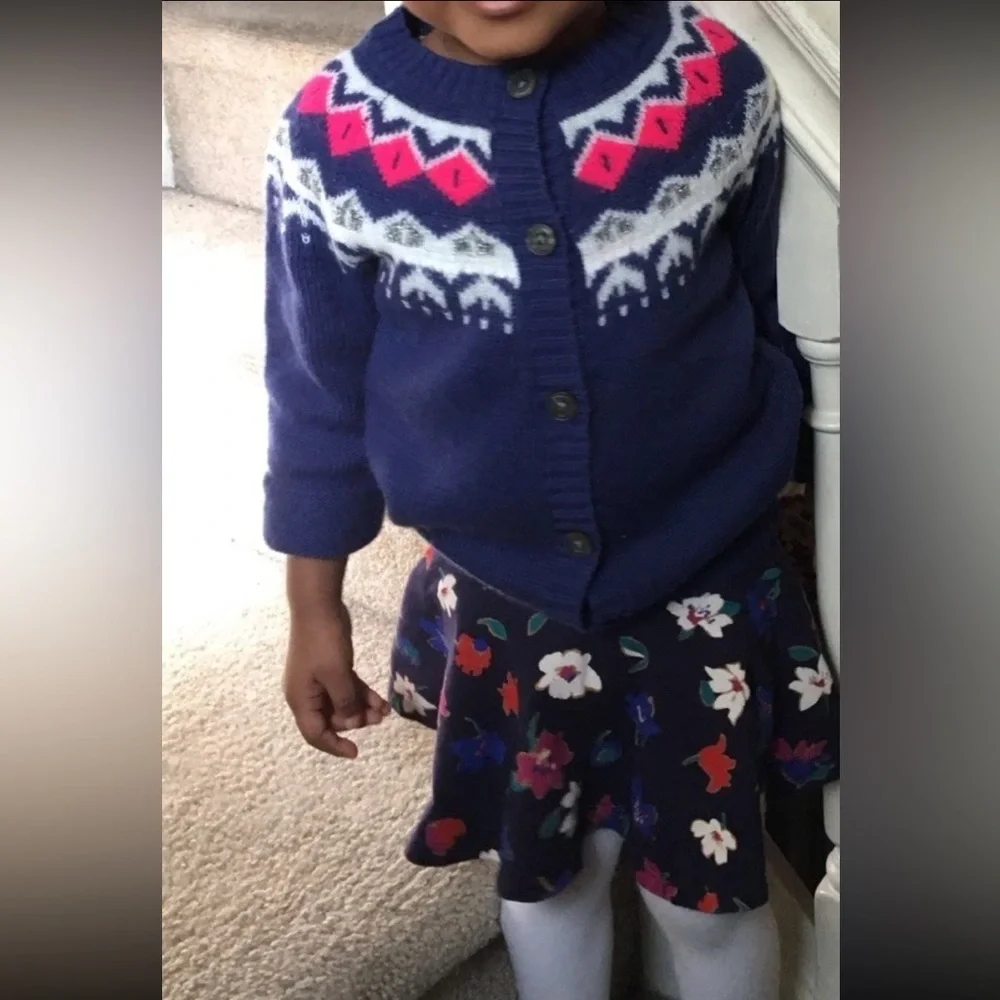 Carters & Old Navy Girls 2t Navy Blue Fair Isle Cardigan & Floral Skirt Bundle